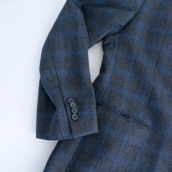 Perry Ellis Vintage Grey Blue Checker Pattern Wool Three Button Blazer - Size 44 - Picture 9 of 11